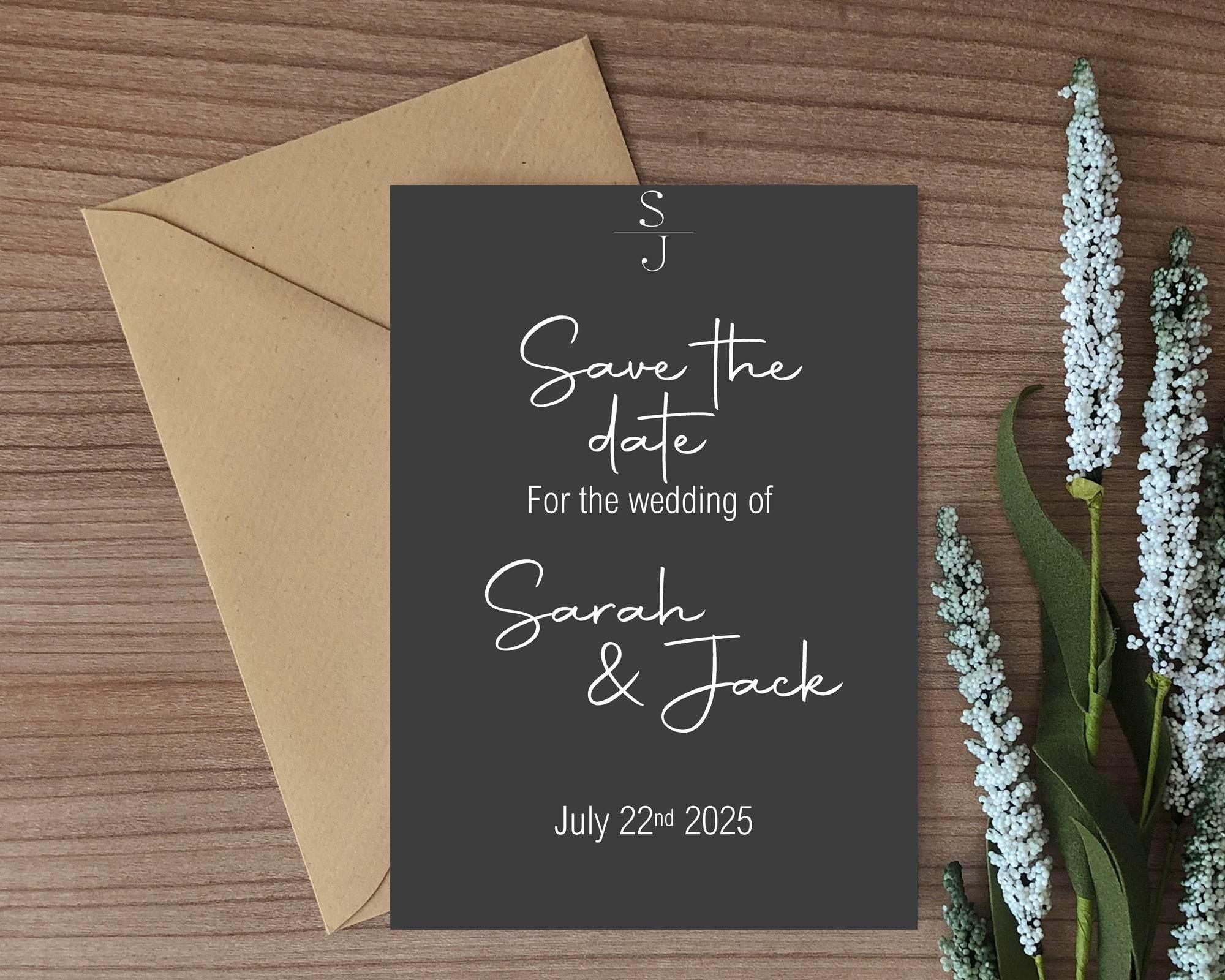 Minimalist Noir Save The Date Wedding Party Cards & Envelopes | Pack of 10 - Larosier Prints