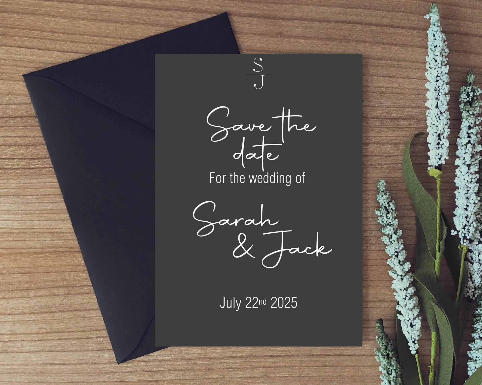 Minimalist Noir Save The Date Wedding Party Cards & Envelopes | Pack of 10 - Larosier Prints