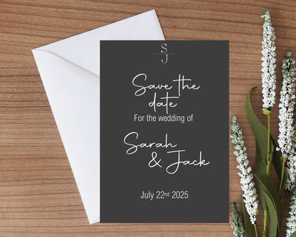 Minimalist Noir Save The Date Wedding Party Cards & Envelopes | Pack of 10