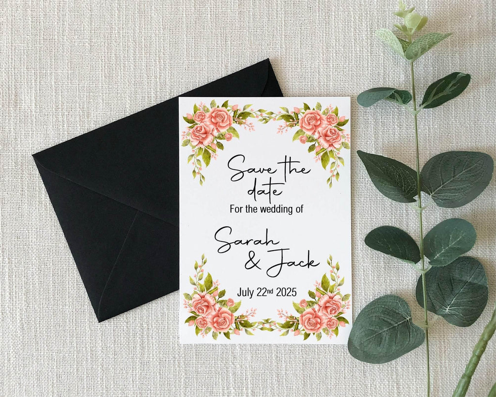 Pink Rose Save The Date Wedding Party Cards & Envelopes | Pack of 10 - Larosier Prints