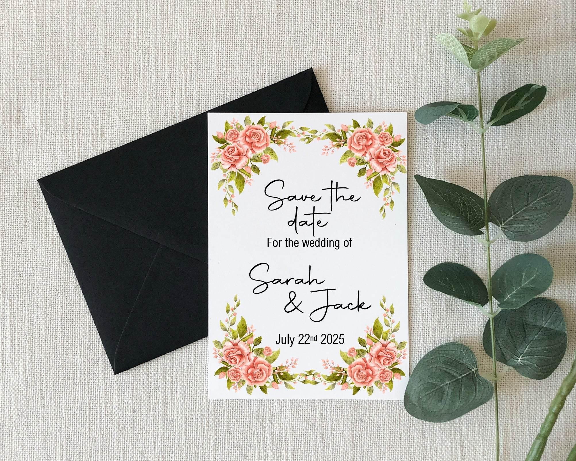 Pink Rose Save The Date Wedding Party Cards & Envelopes | Pack of 10 - Larosier Prints