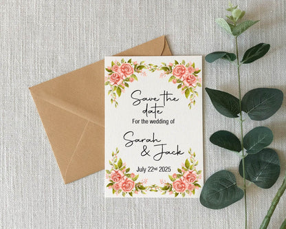 Pink Rose Save The Date Wedding Party Cards & Envelopes | Pack of 10