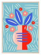 Red Vase & Flower On A Blue Background Leaves Print | Abstract Wall Art - Larosier Prints
