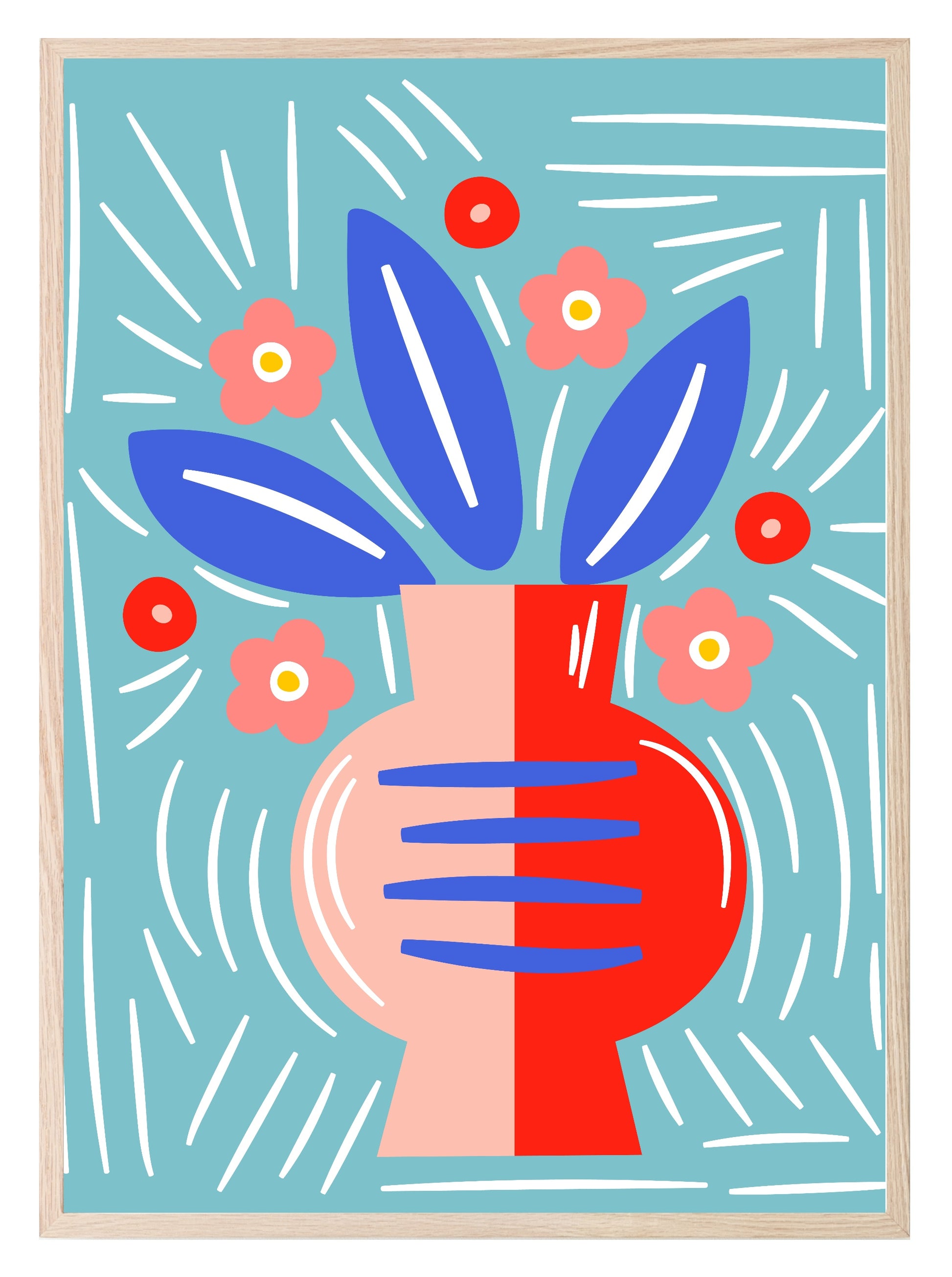 Red Vase & Flower On A Blue Background Leaves Print | Abstract Wall Art