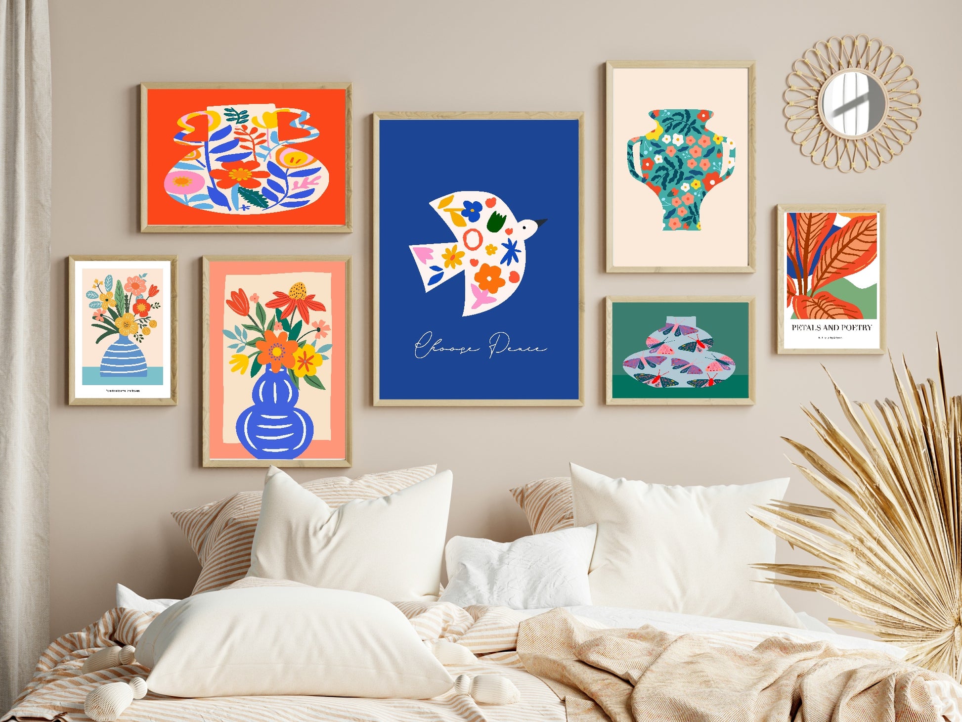 Blue Striped Vase & Flowers Print | Abstract Wall Art