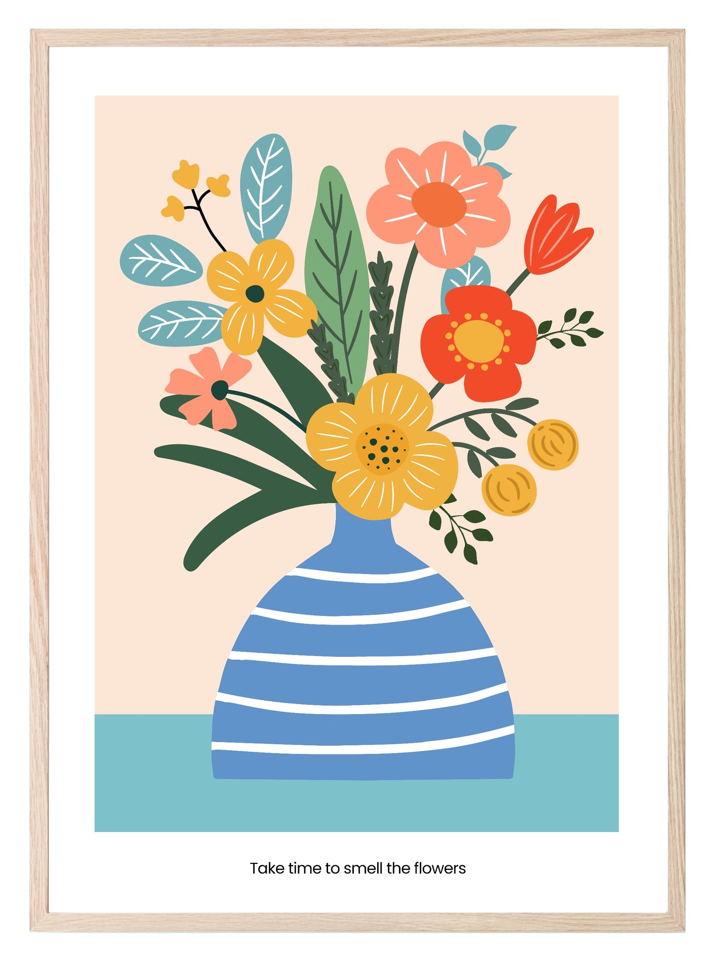 Blue Striped Vase & Flowers Print | Abstract Wall Art