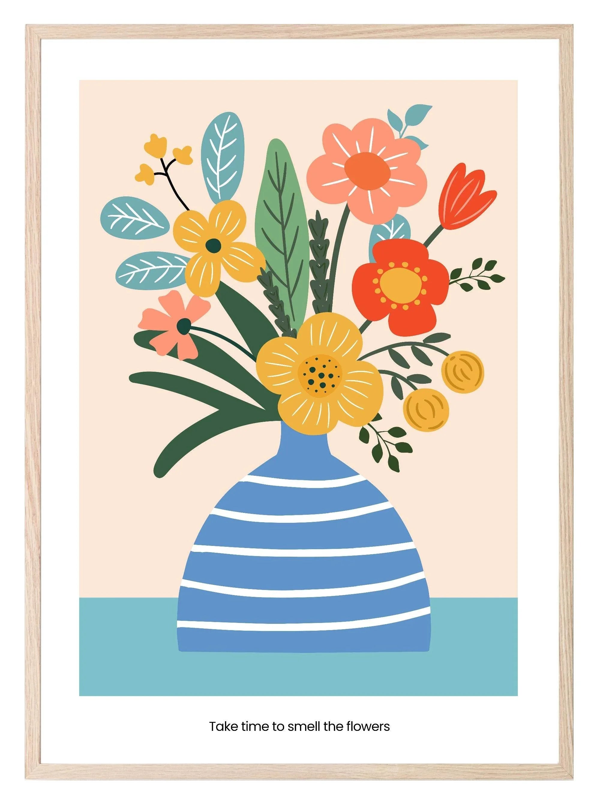 Blue Striped Vase & Flowers Print | Abstract Wall Art - Larosier Prints