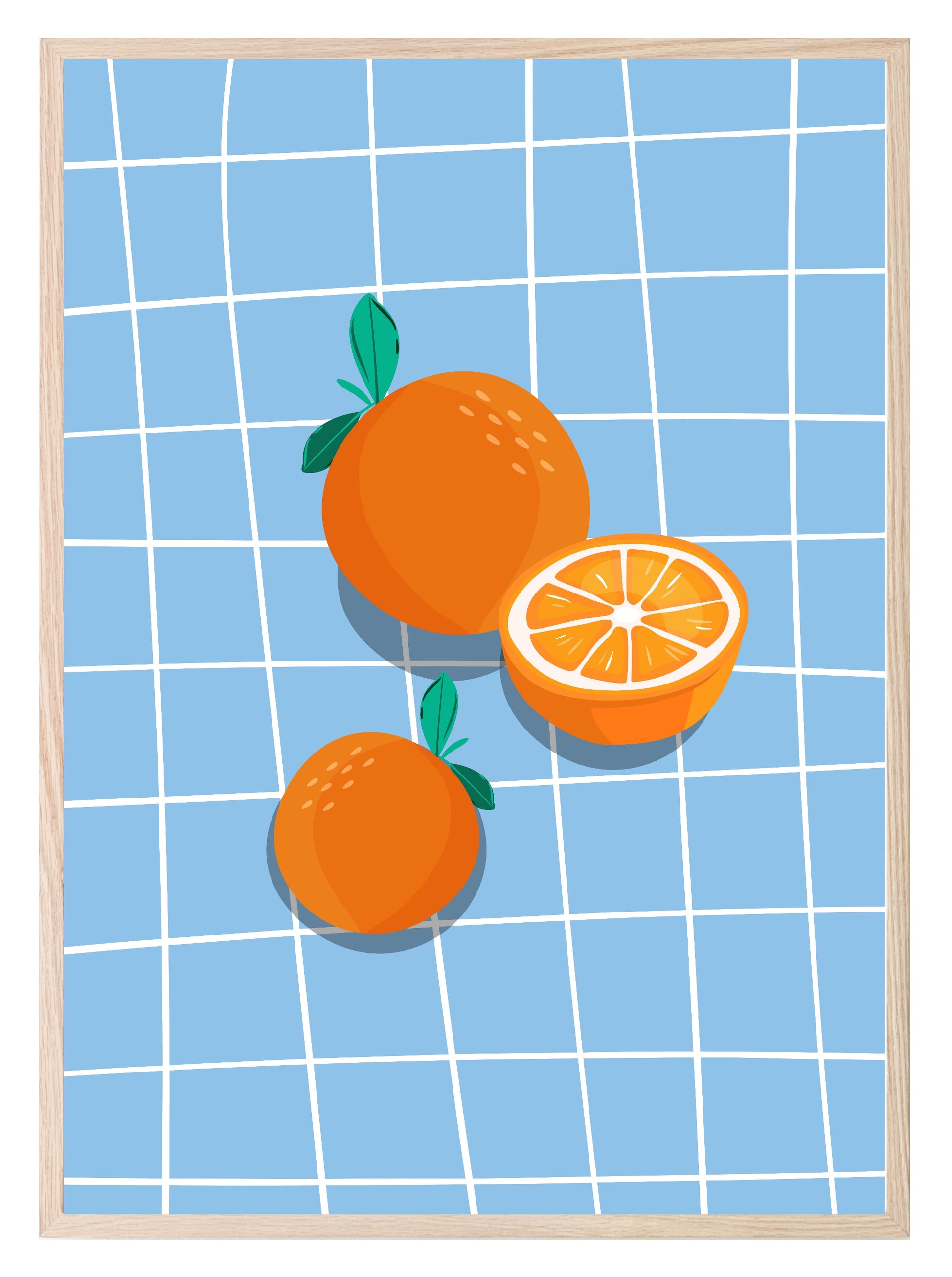 Oranges On Checked Picnic Blanket Print | Kitchen Wall Art