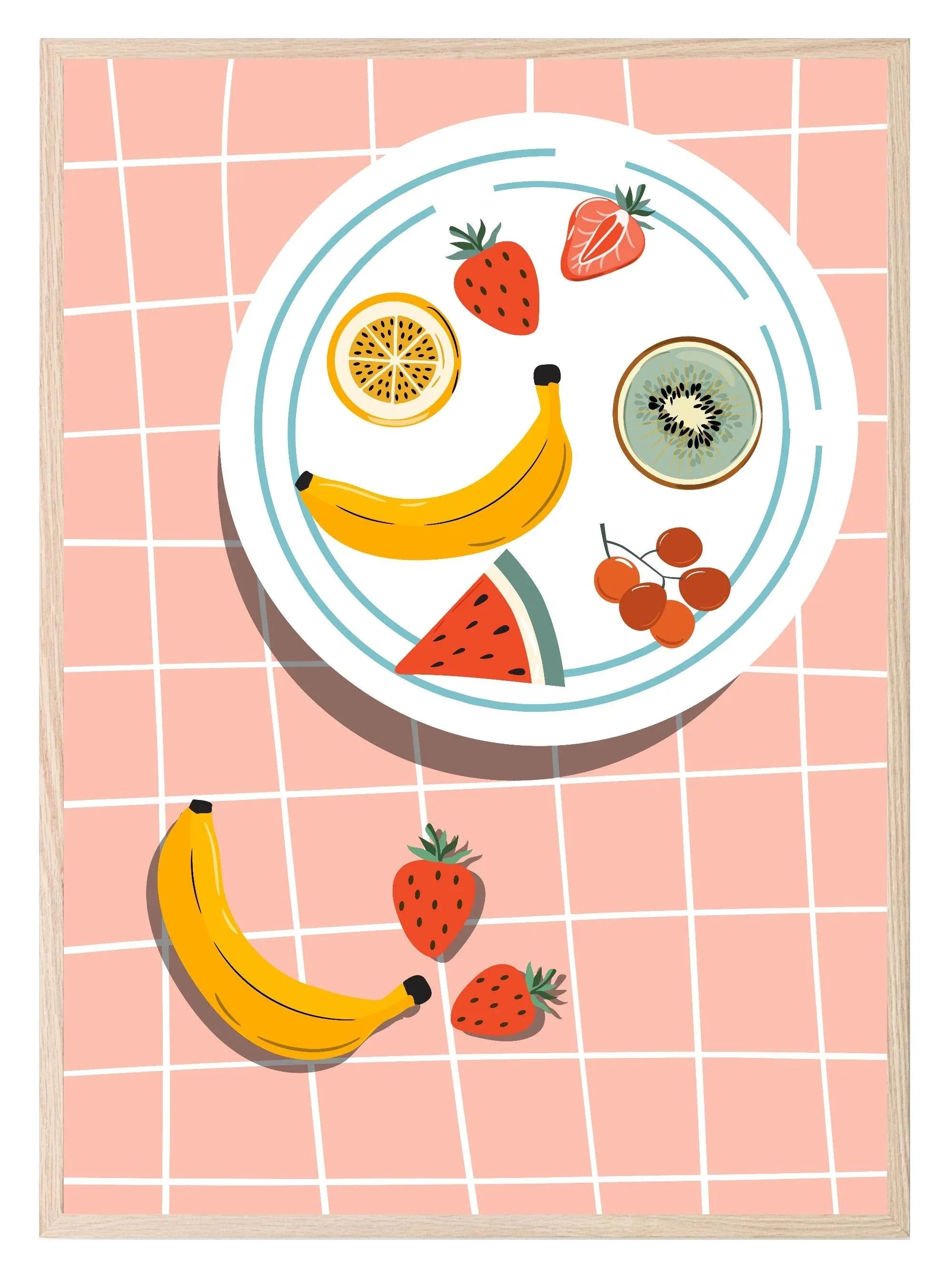 Fruit On Checked Picnic Blanket Print | Kitchen Wall Art - Larosier Prints