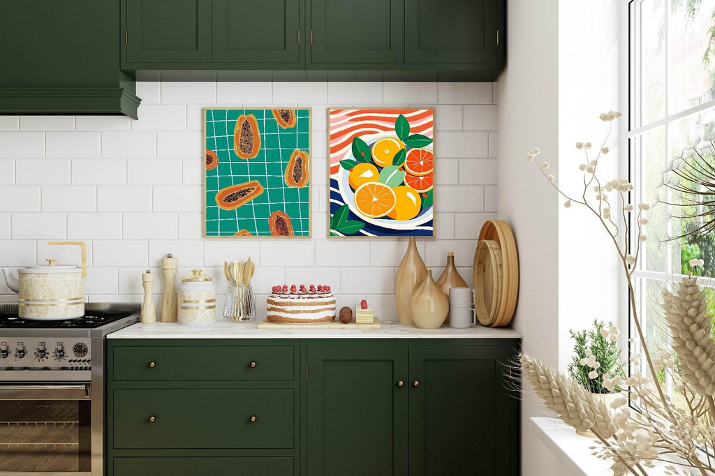 Papaya On Checked Picnic Blanket Print | Kitchen Wall Art - Larosier Prints