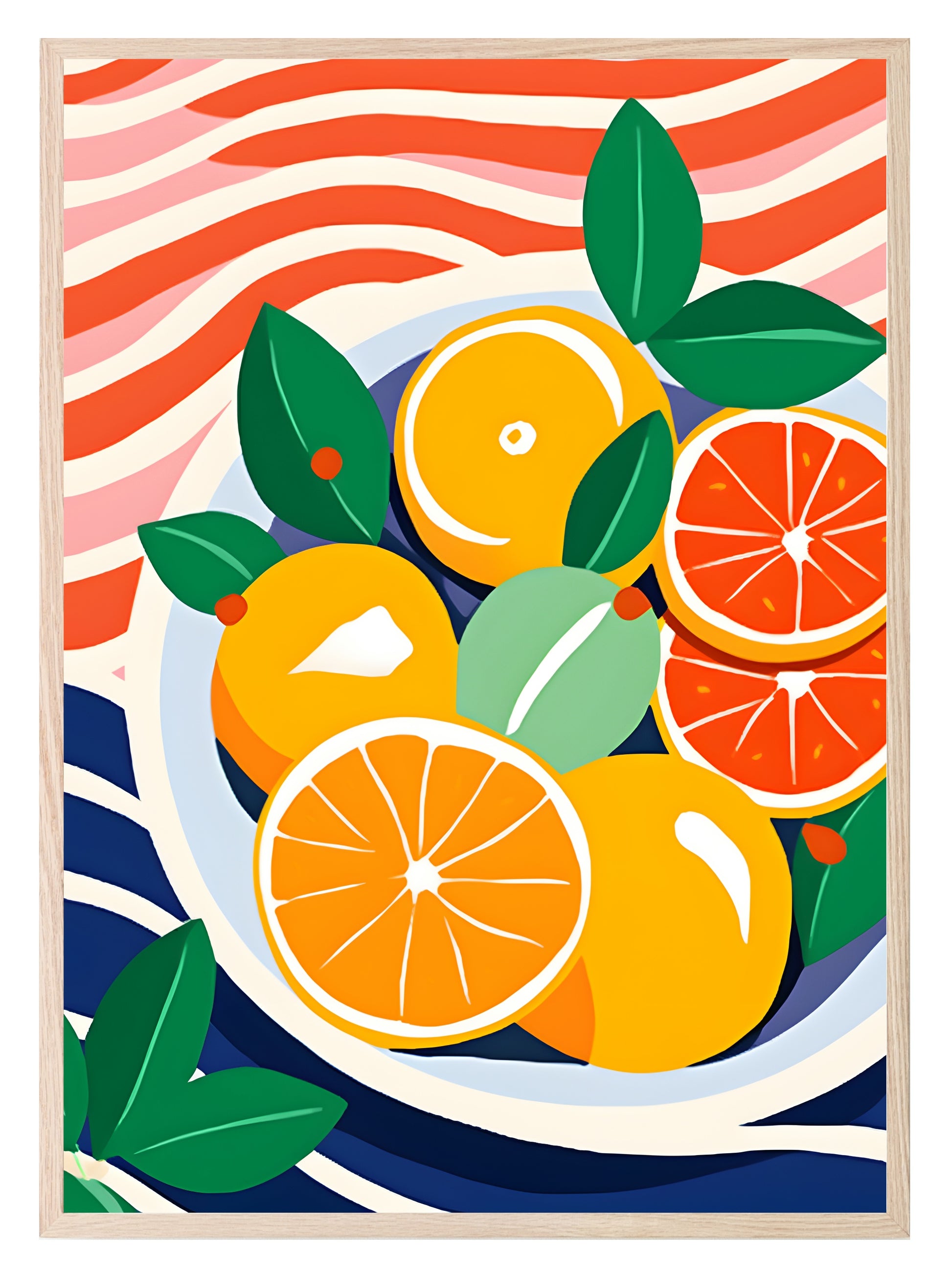 Citrus Fruit On Striped Picnic Blanket Print | Kitchen Wall Art