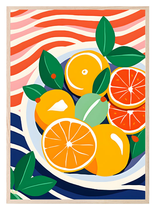 Citrus Fruit On Striped Picnic Blanket Print | Kitchen Wall Art