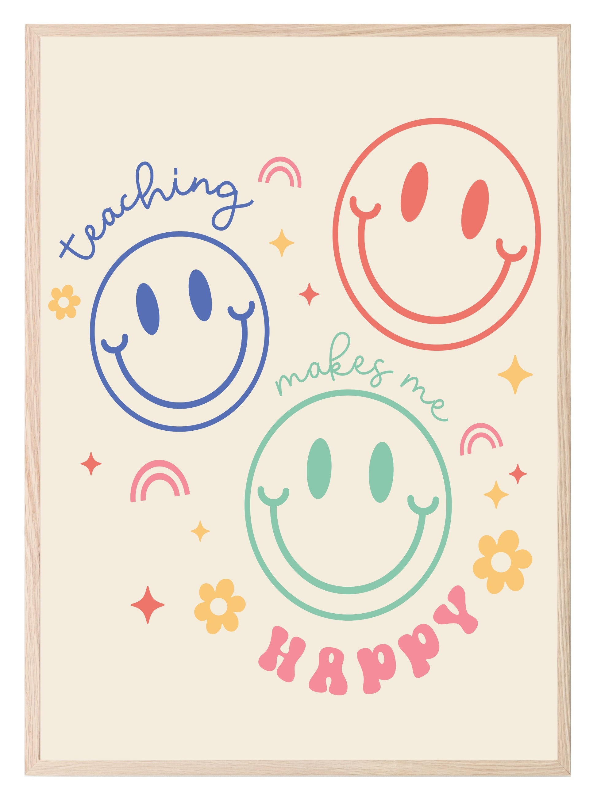 Retro Smiley Face Teaching Happy Print | Teacher Wall Art Gift