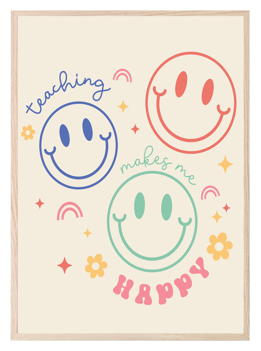 Retro Smiley Face Teaching Happy Print | Teacher Wall Art Gift