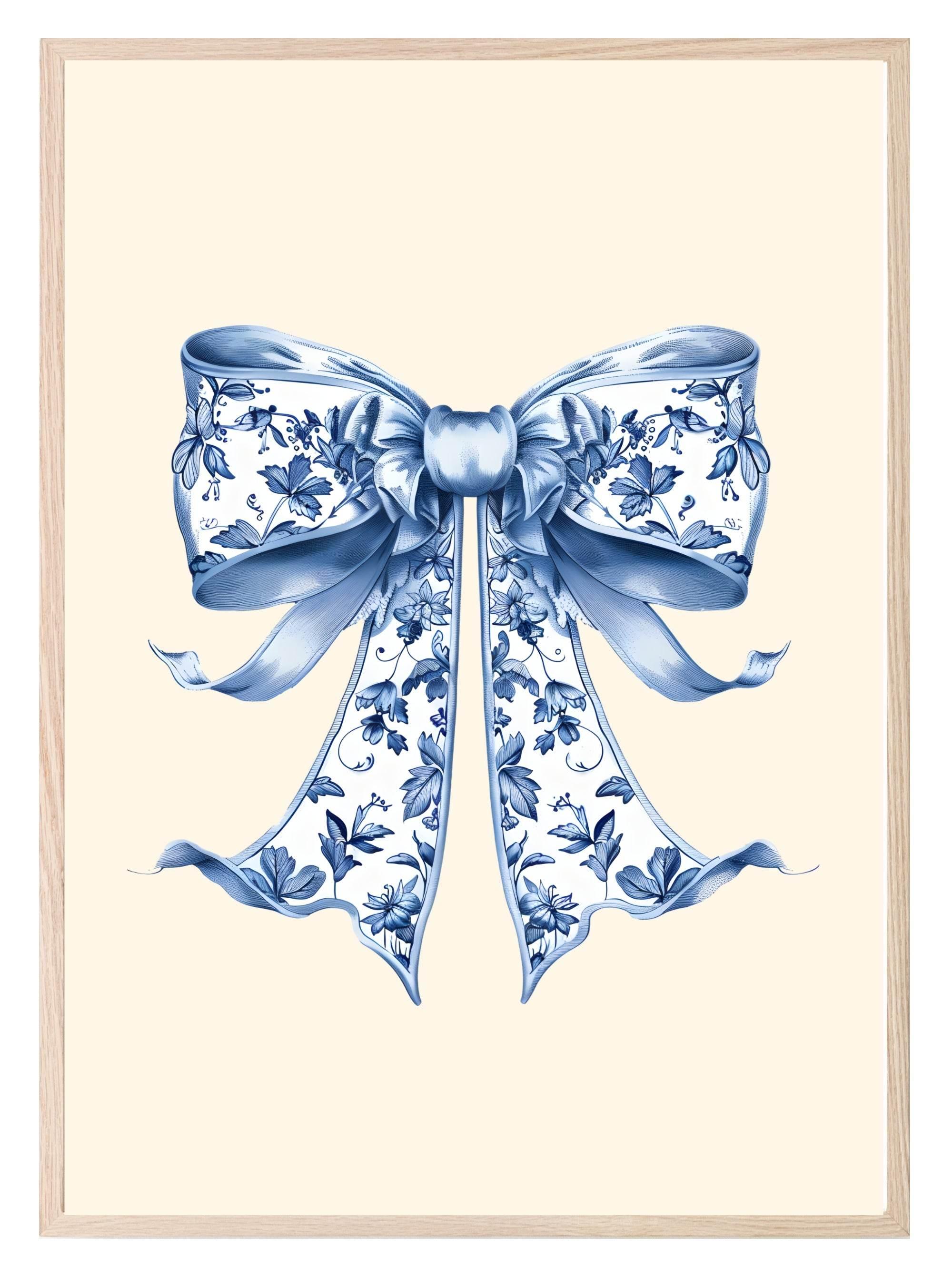 Chinoiserie Toile De Jouy Bow Print | Blue Floral Wall Art - Larosier Prints