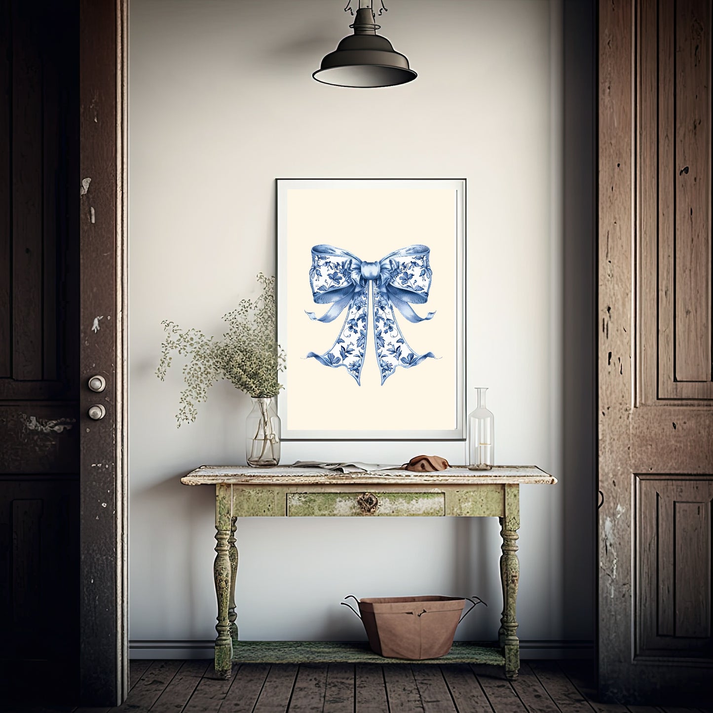 Chinoiserie Toile De Jouy Bow Print | Blue Floral Wall Art