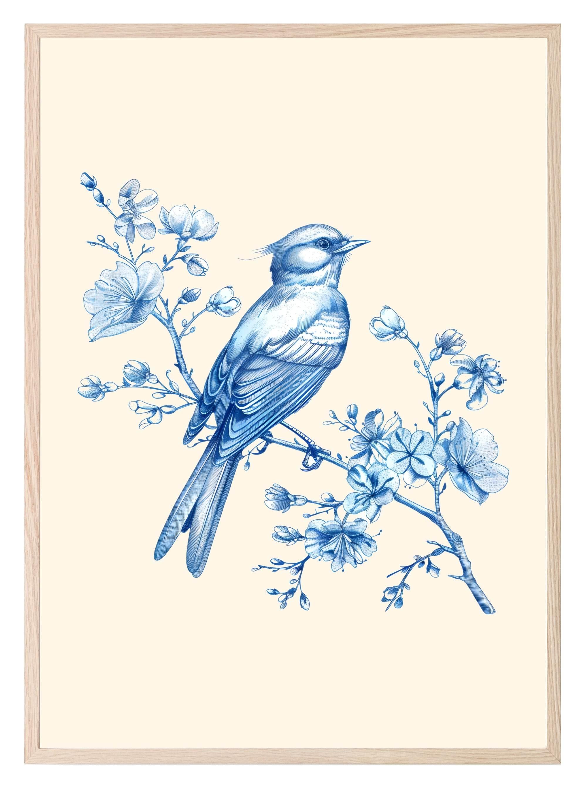Chinoiserie Toile De Jouy Bird Print | Blue Floral Wall Art - Larosier Prints
