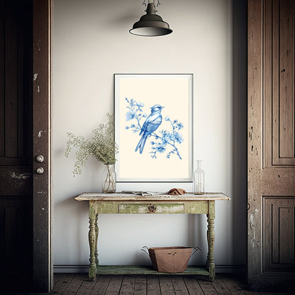 Chinoiserie Toile De Jouy Bird Print | Blue Floral Wall Art