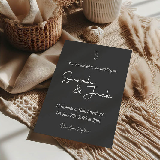 Minimalist Noir Wedding Party Invitations & Envelopes | Pack of 10