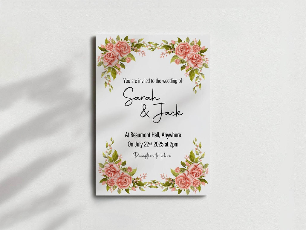 Pink Rose Wedding Party Invitations & Envelopes | Pack of 10 - Larosier Prints