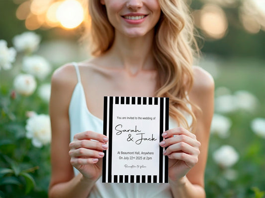 Black & White Stripe Wedding Party Invitations & Envelopes | Pack of 10