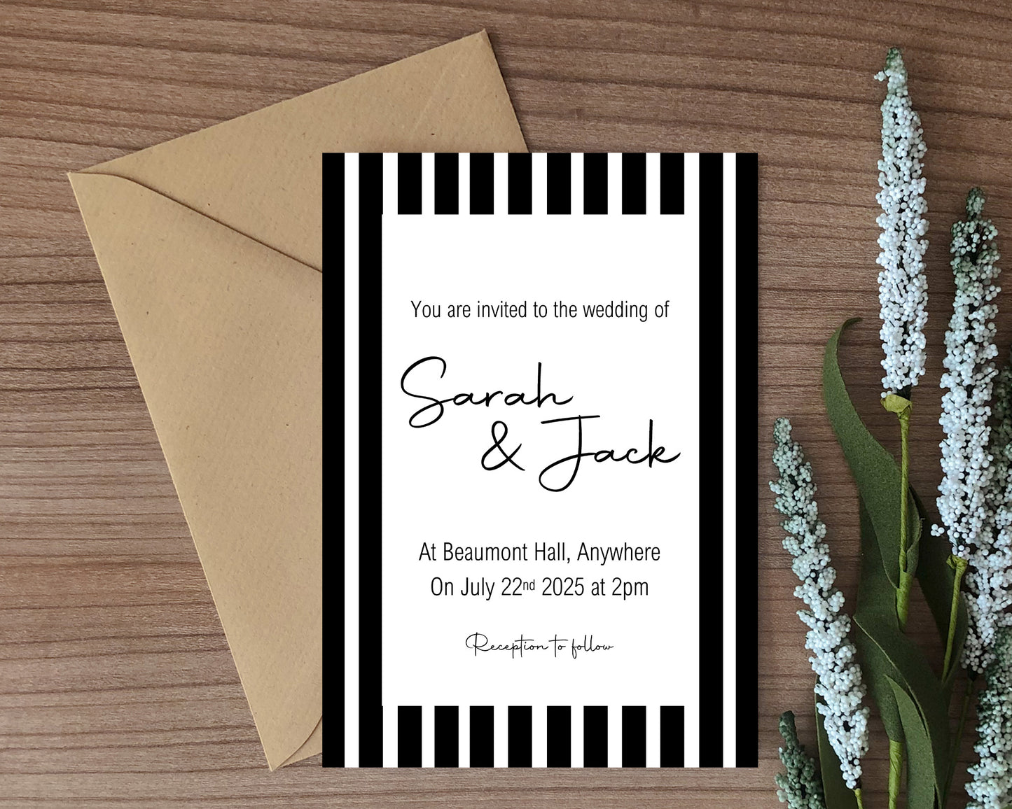 Black & White Stripe Wedding Party Invitations & Envelopes | Pack of 10