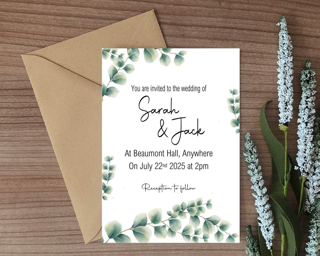 Eucalyptus Wedding Party Invitations & Envelopes | Pack of 10 - Larosier Prints