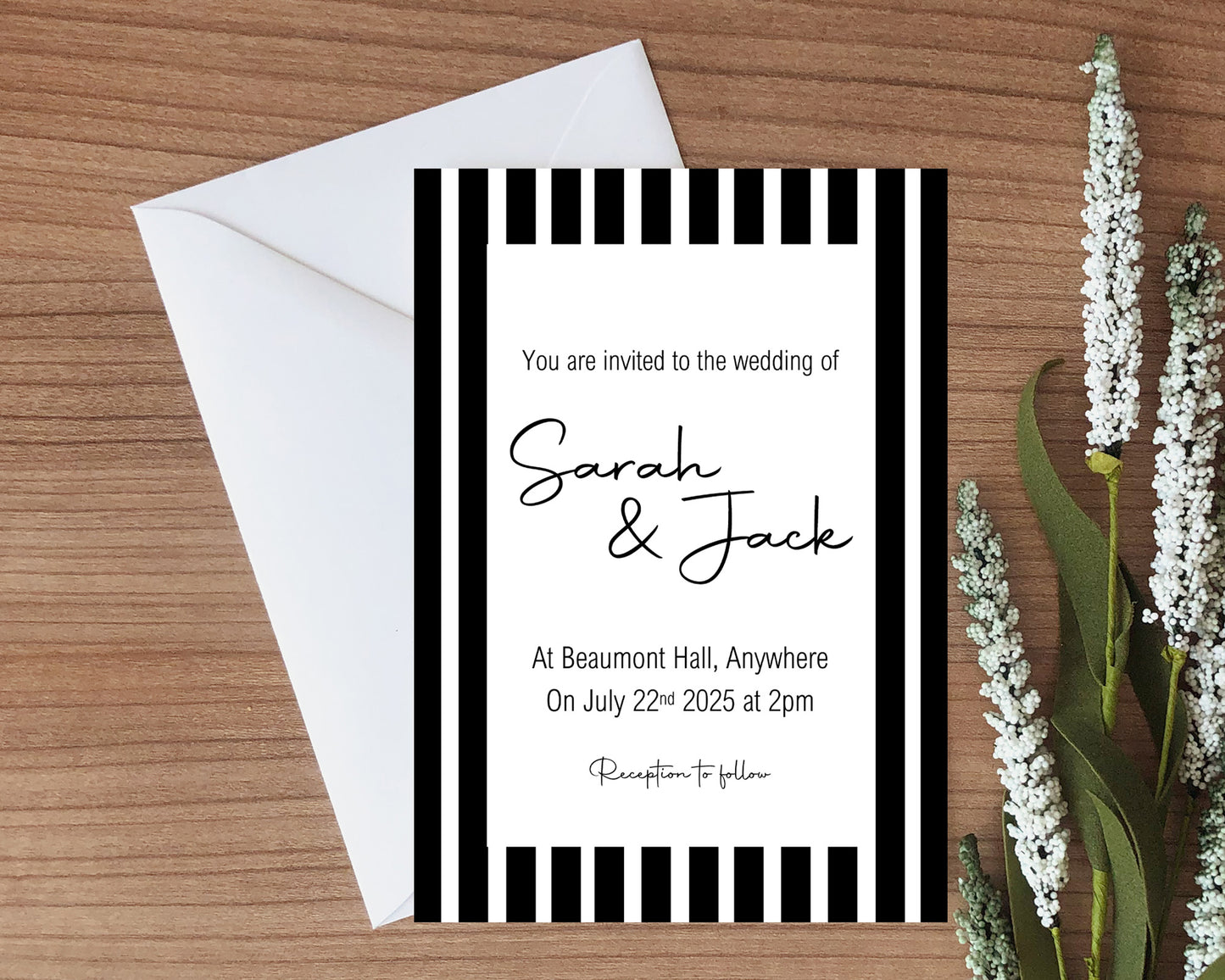 Black & White Stripe Wedding Party Invitations & Envelopes | Pack of 10