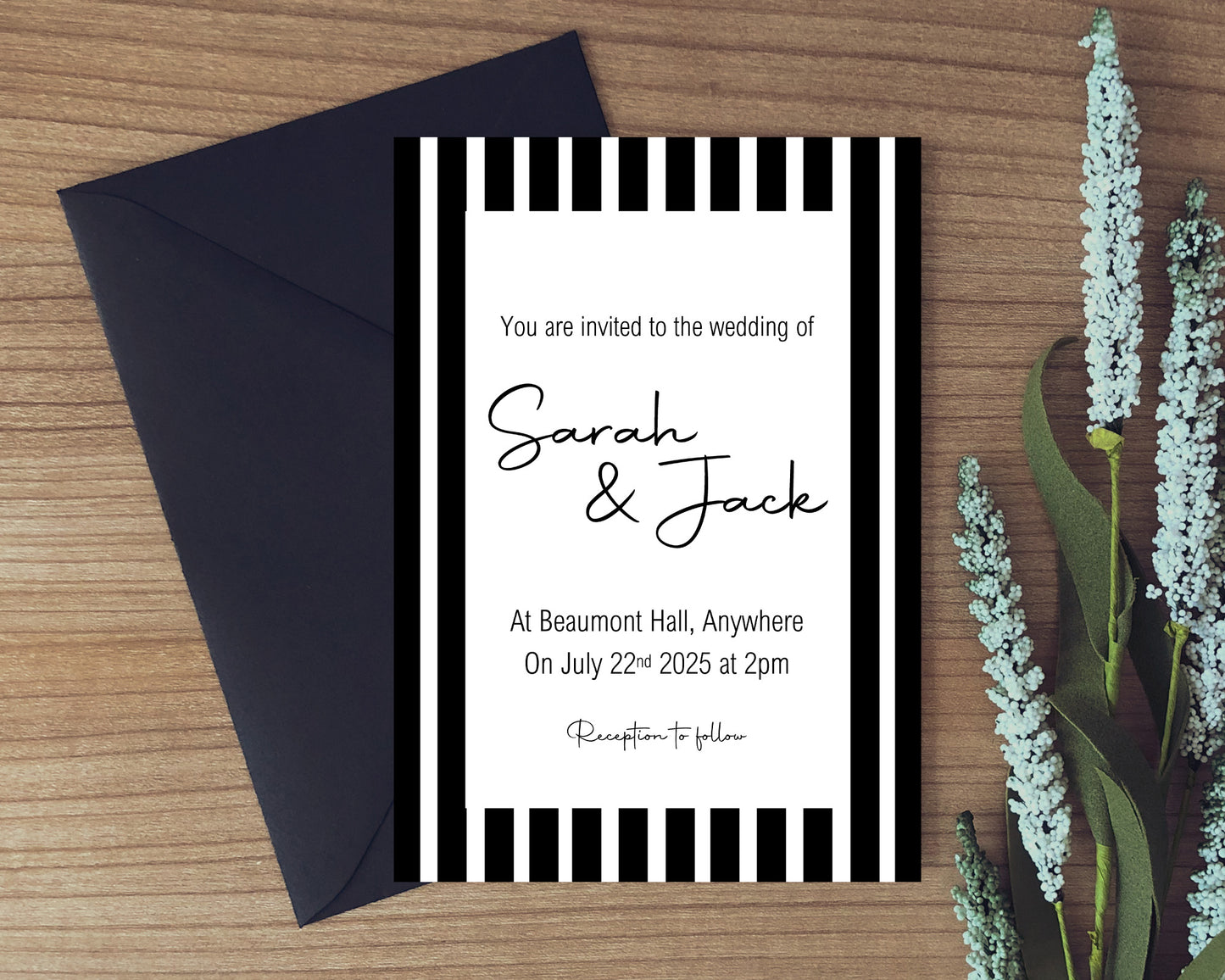 Black & White Stripe Wedding Party Invitations & Envelopes | Pack of 10
