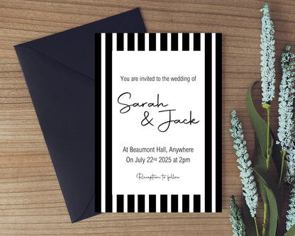 Black & White Stripe Wedding Party Invitations & Envelopes | Pack of 10