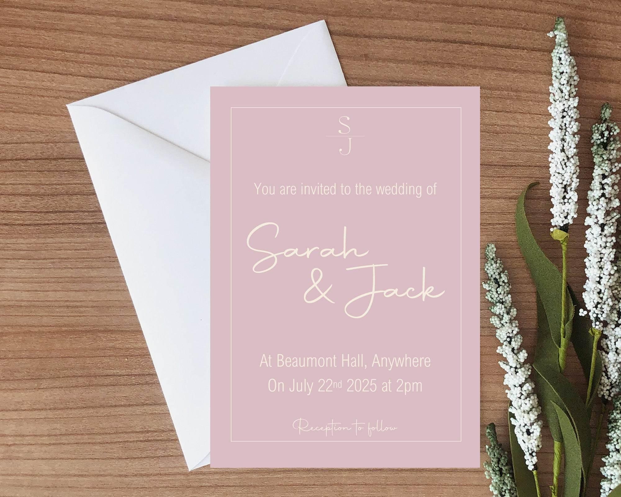 Dusky Pink Wedding Party Invitations & Envelopes | Pack of 10 - Larosier Prints