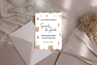 Pink Rose Wedding Invitations & Envelopes | Pack of 10