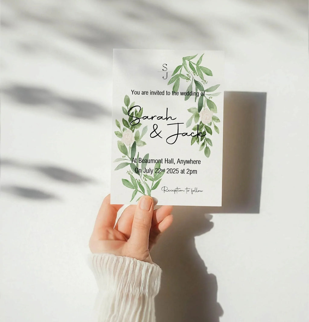 Green & White Rose Wedding Invitation Suite - Larosier Prints