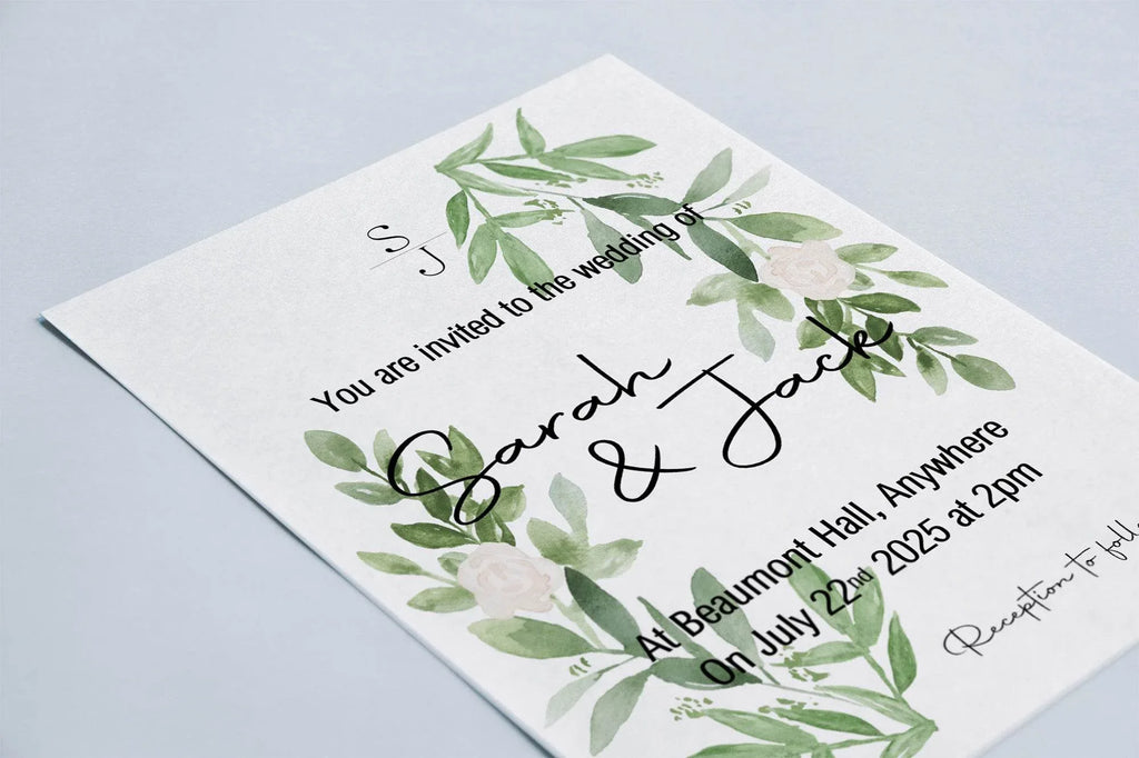 Green & White Rose Wedding Invitation Suite - Larosier Prints