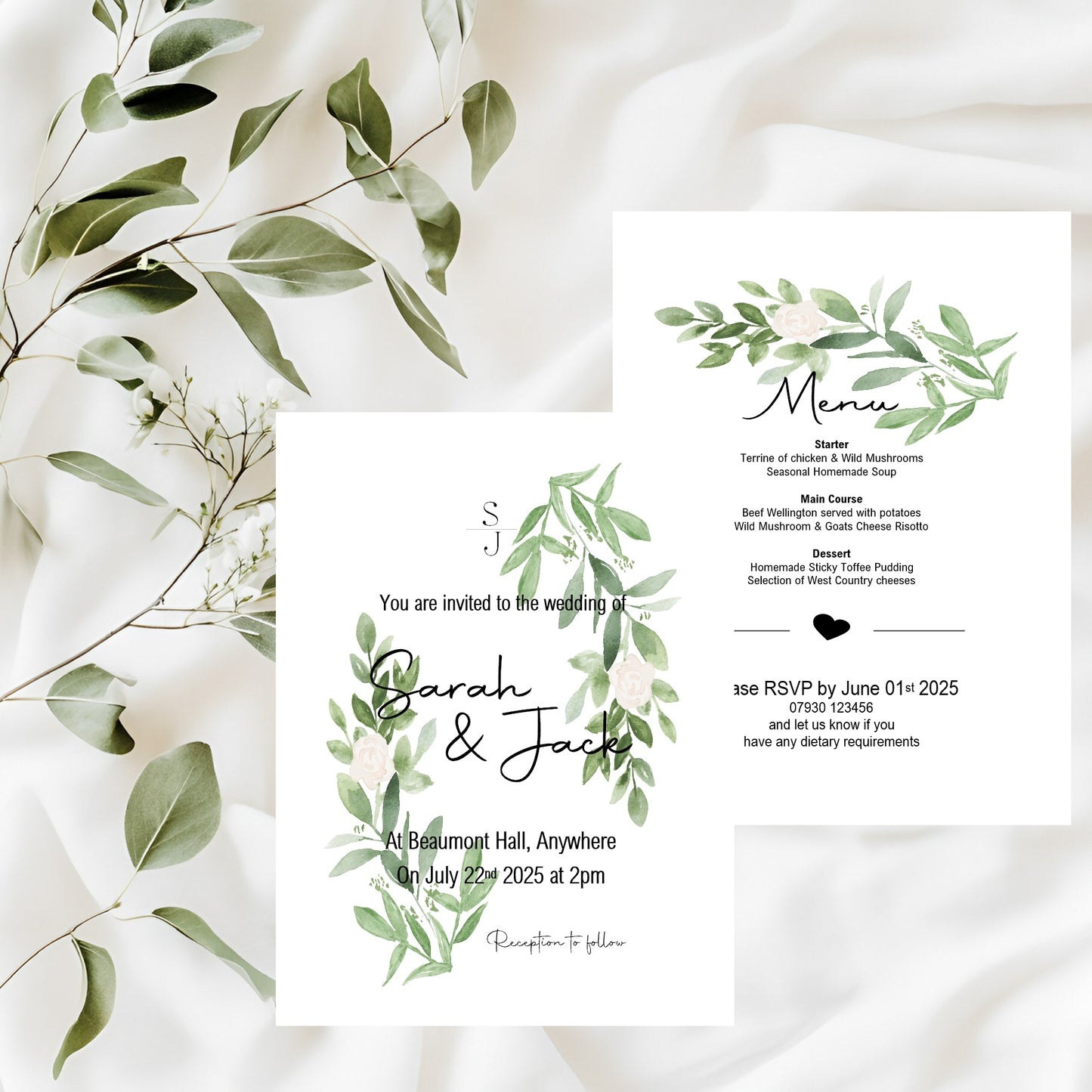 Green & White Rose Wedding Invitations & Envelopes | Pack of 10