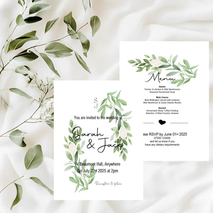 Green & White Rose Wedding Invitations & Envelopes | Pack of 10