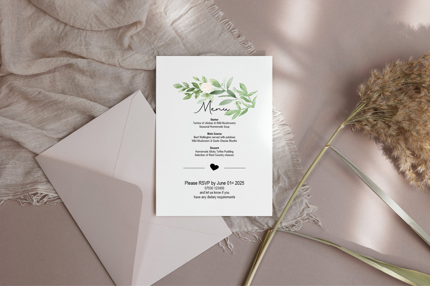 Green & White Rose Wedding Invitations & Envelopes | Pack of 10