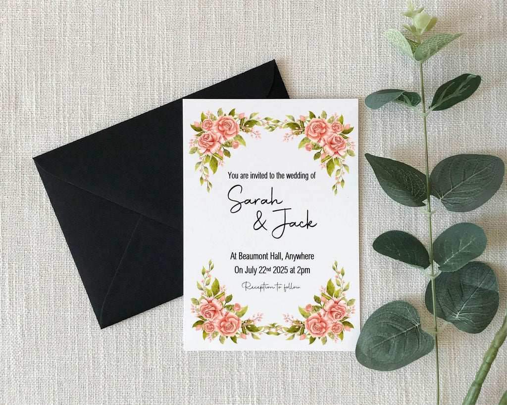 Pink Rose Wedding Party Invitations & Envelopes | Pack of 10 - Larosier Prints