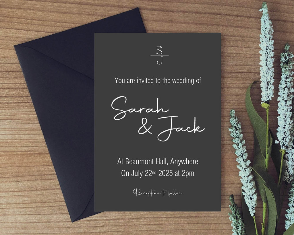Minimalist Noir Wedding Party Invitations & Envelopes | Pack of 10 - Larosier Prints
