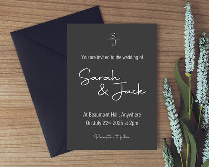 Minimalist Noir Wedding Party Invitations & Envelopes | Pack of 10