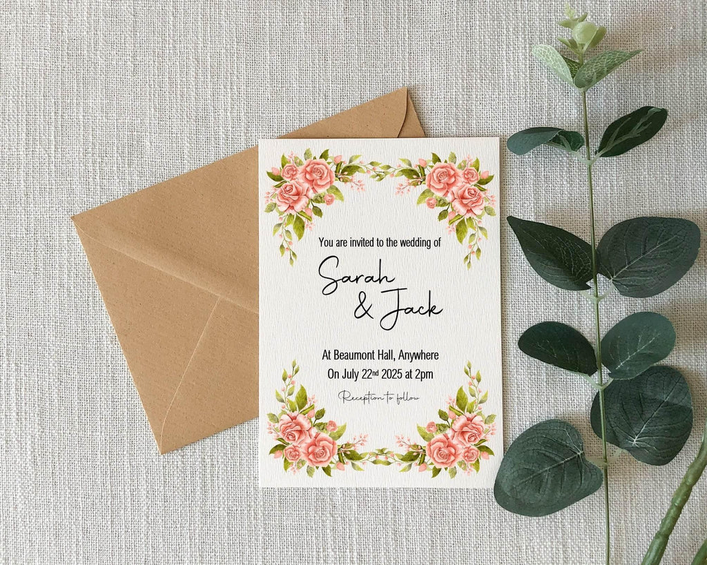 Pink Rose Wedding Party Invitations & Envelopes | Pack of 10 - Larosier Prints