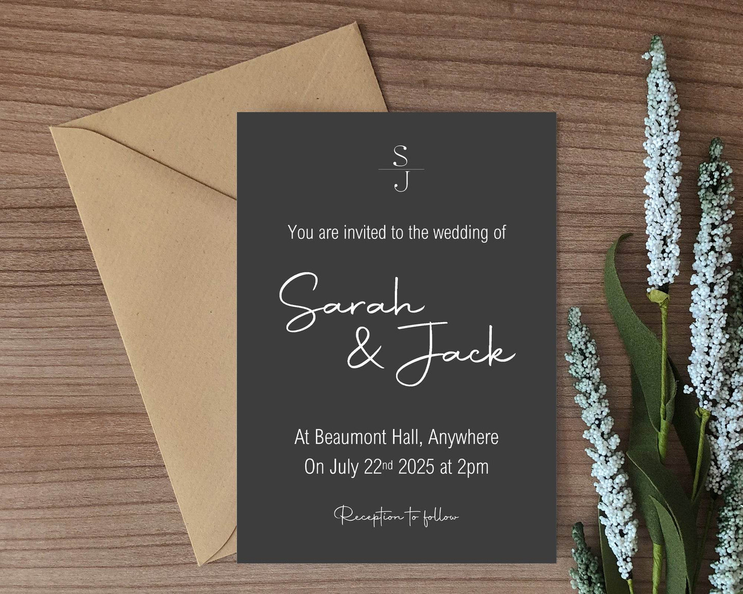 Minimalist Noir Wedding Party Invitations & Envelopes | Pack of 10