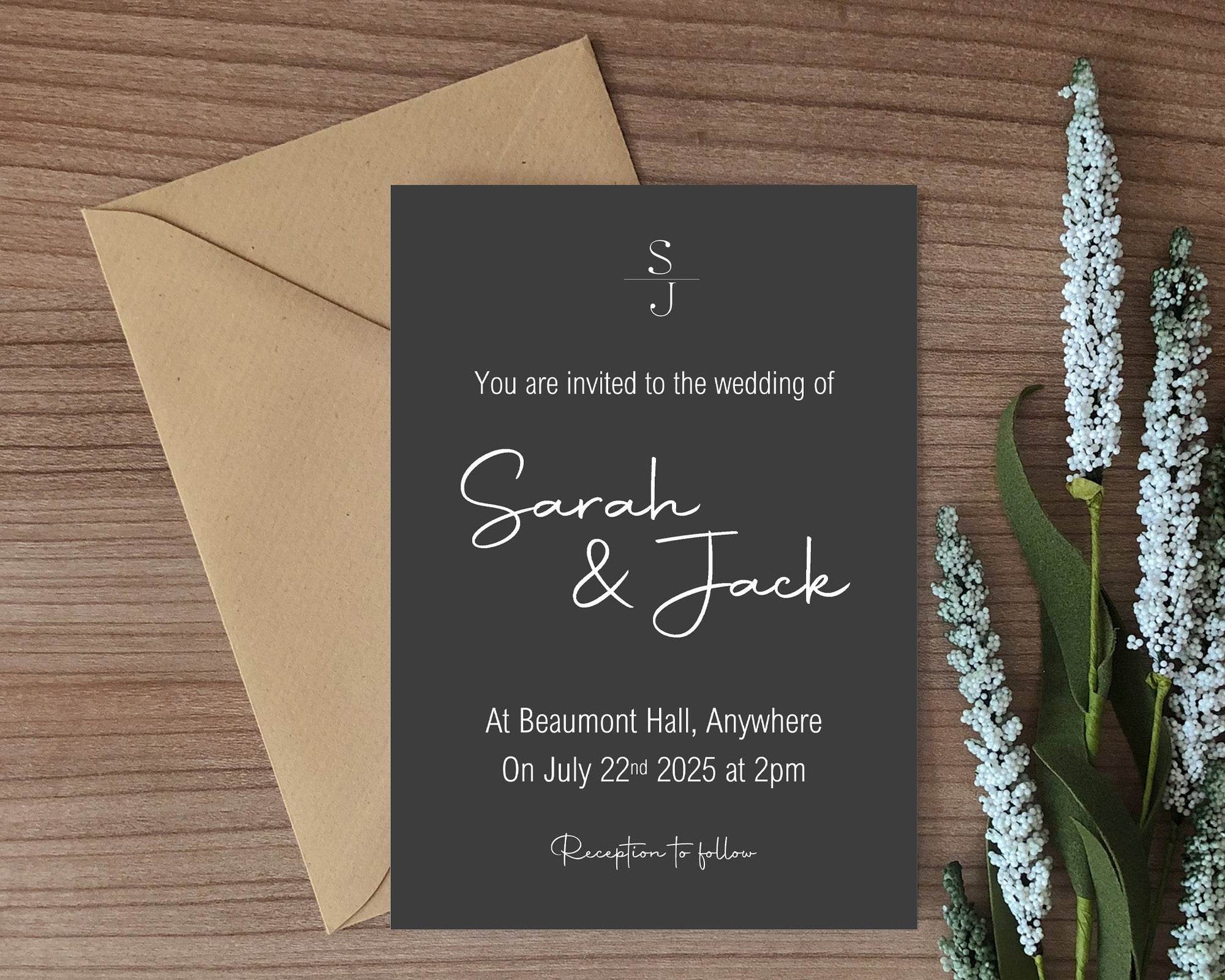 Minimalist Noir Wedding Party Invitations & Envelopes | Pack of 10