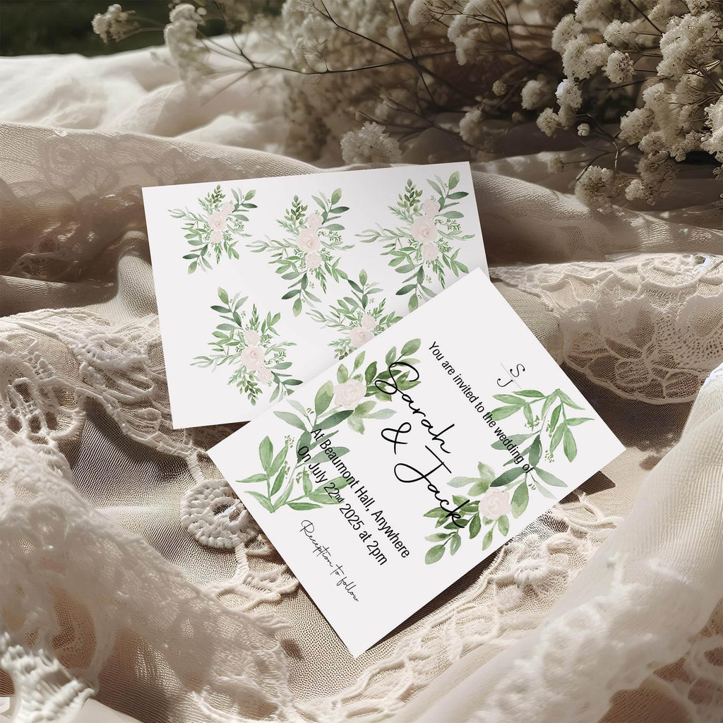 Green & White Rose Wedding Invitation Suite - Larosier Prints