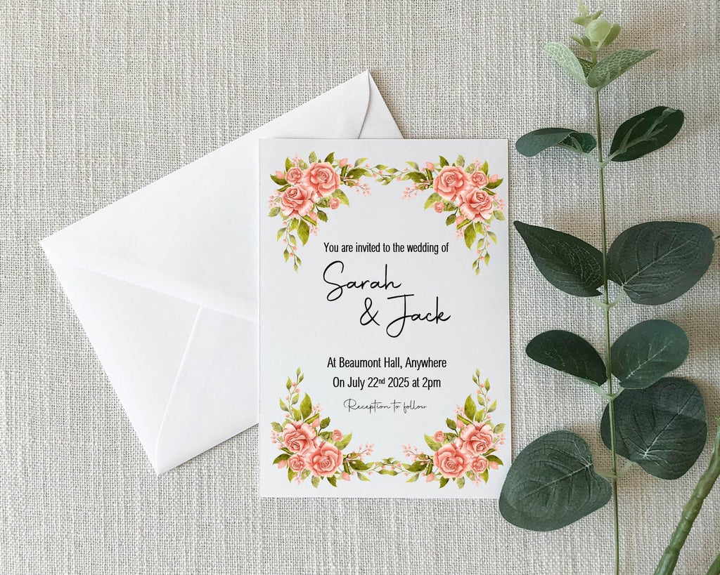 Pink Rose Wedding Party Invitations & Envelopes | Pack of 10 - Larosier Prints