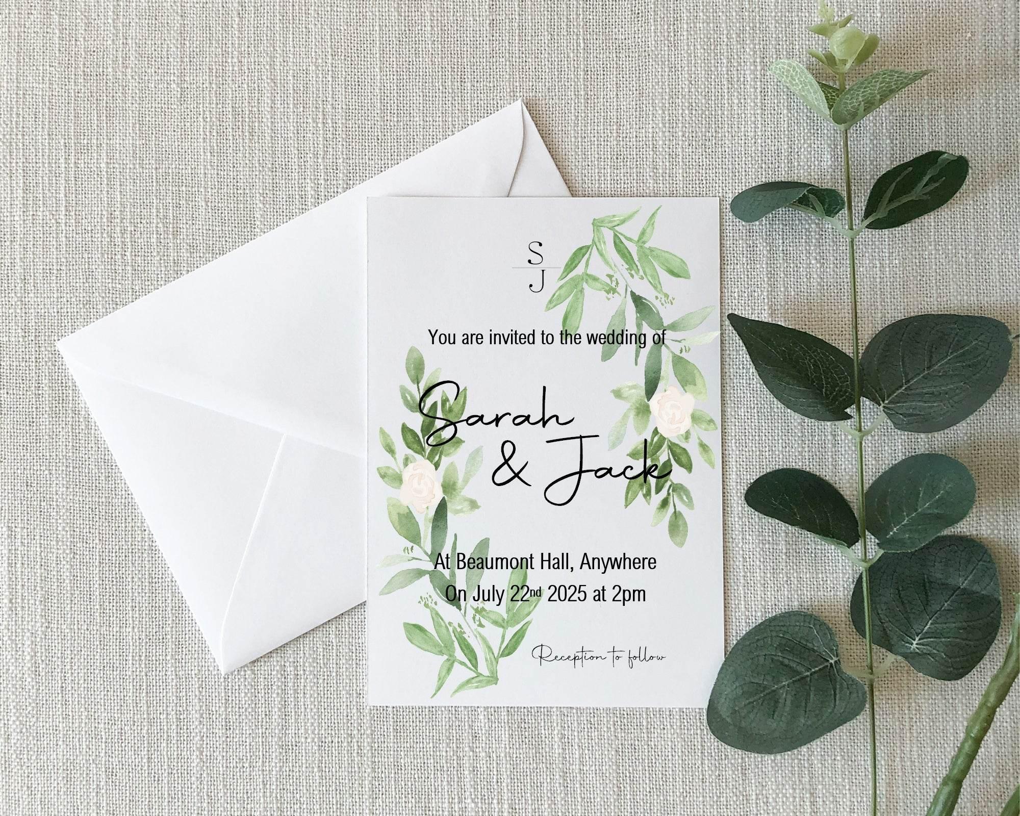 Green & White Rose Wedding Invitation Suite - Larosier Prints