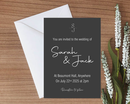 Minimalist Noir Wedding Party Invitations & Envelopes | Pack of 10
