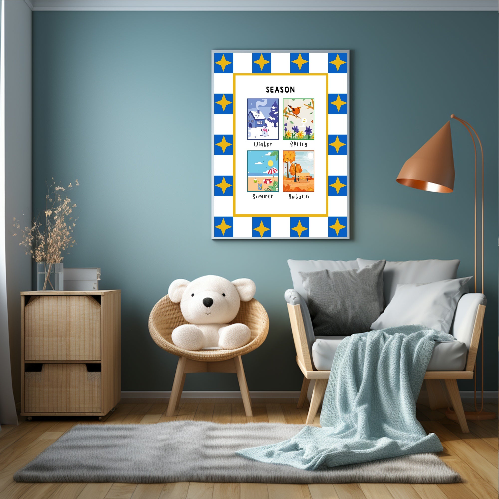 Blue Checked & Stars Seasons Poster | Educational Wall Art