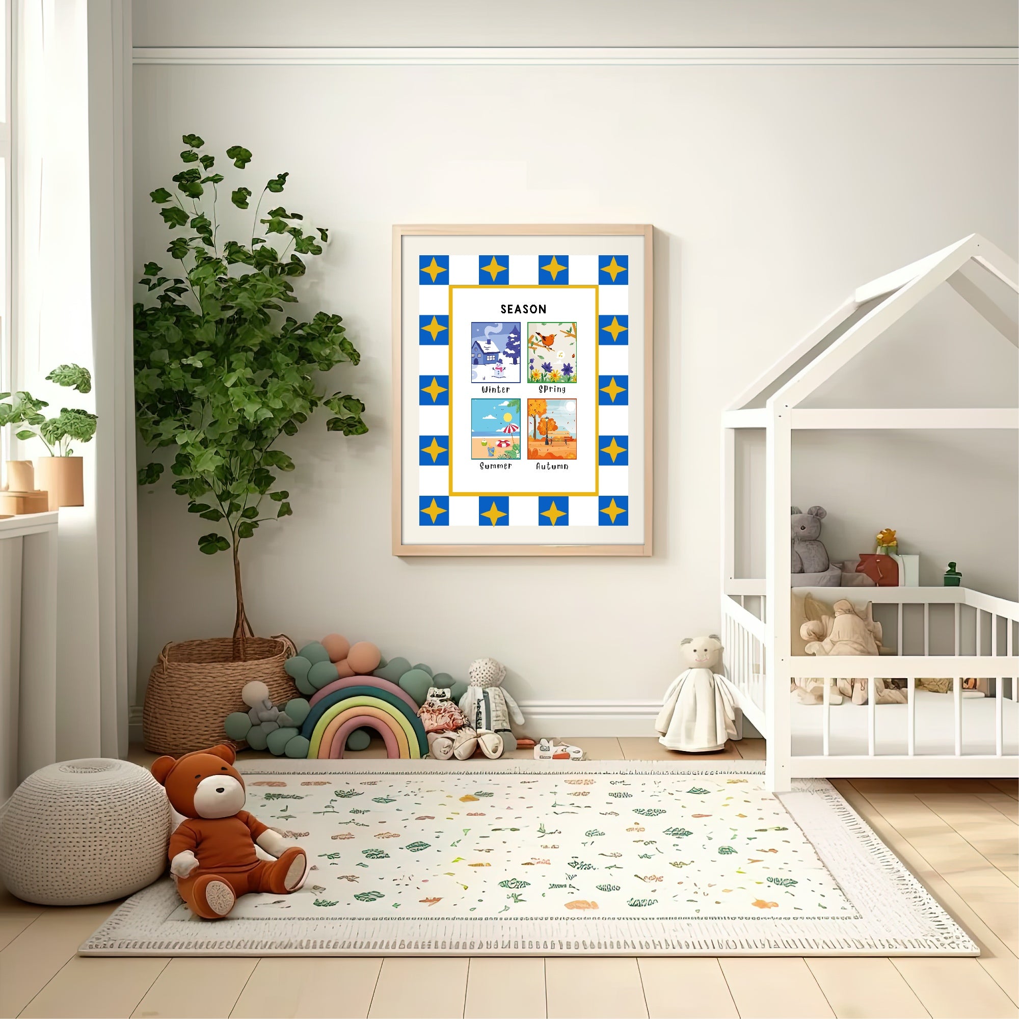 Blue Checked & Stars Seasons Poster | Educational Wall Art