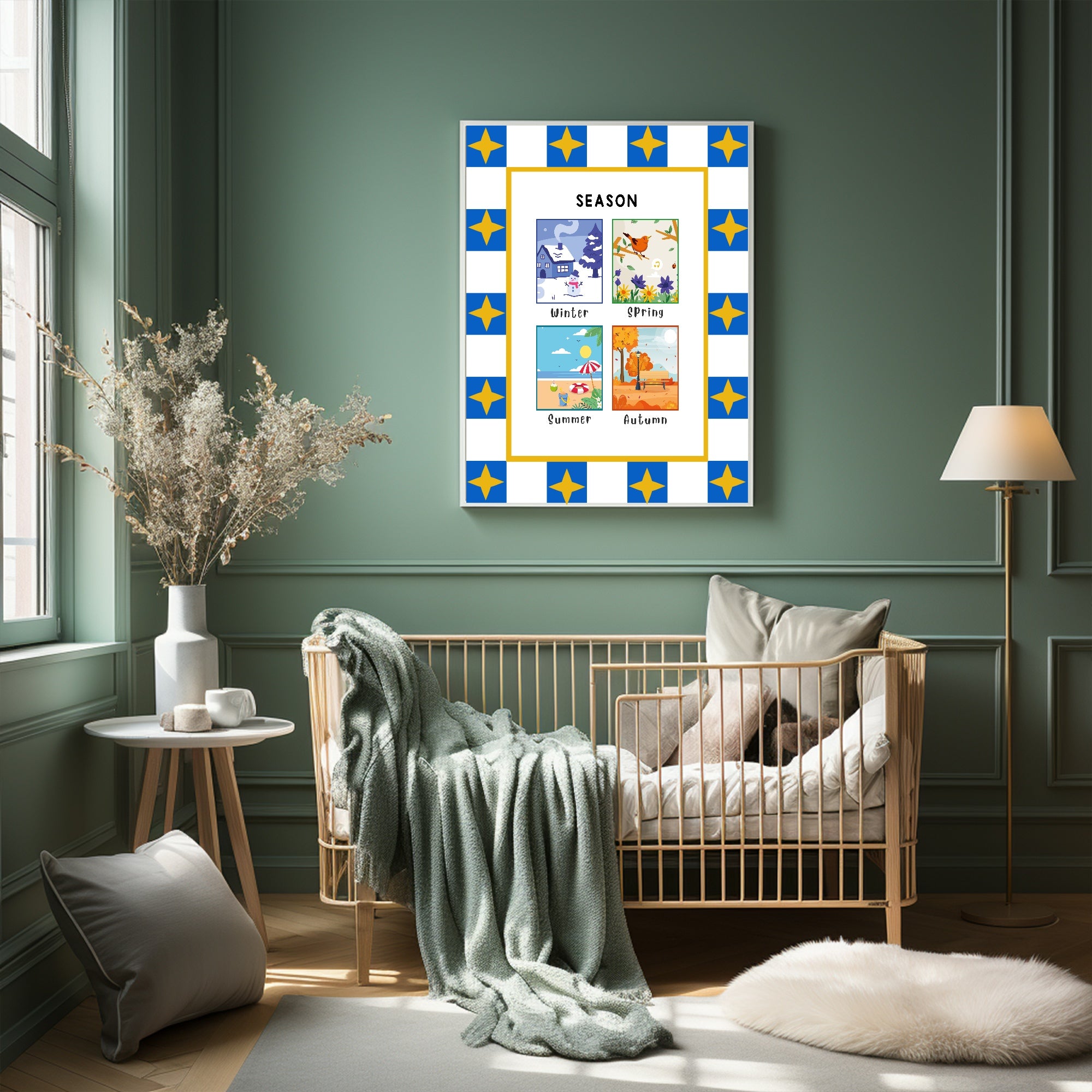 Blue Checked & Stars Seasons Poster | Educational Wall Art